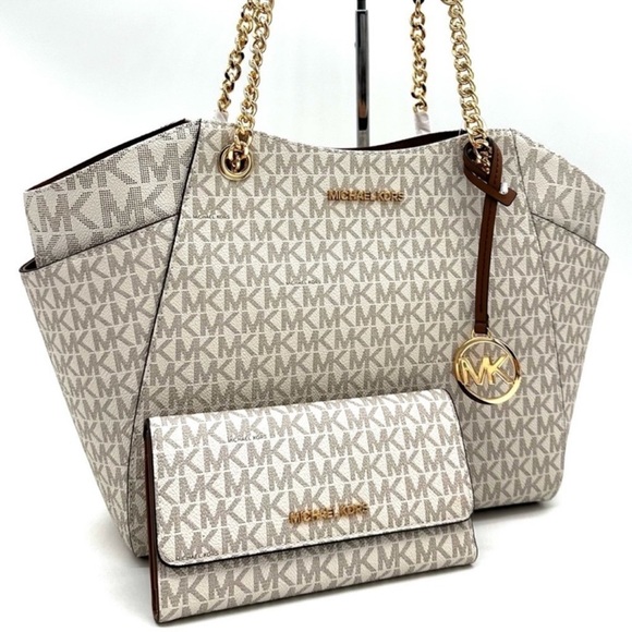 Michael Kors Large Jet Set Travel Chain Shoulder Bag & Trifold Wallet Vanilla - Picture 1 of 14